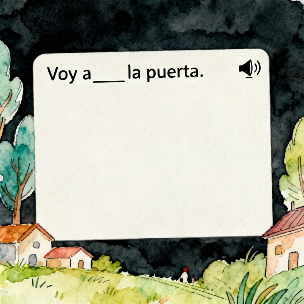 Charming ink and watercolor painting, clean lines, vibrant but soft colors, storybook style, dark background. A simple Spanish cloze flashcard with one blank “Voy a ___ la puerta”, and a small speaker icon hinting at audio. Minimal elements, no people, uncluttered.