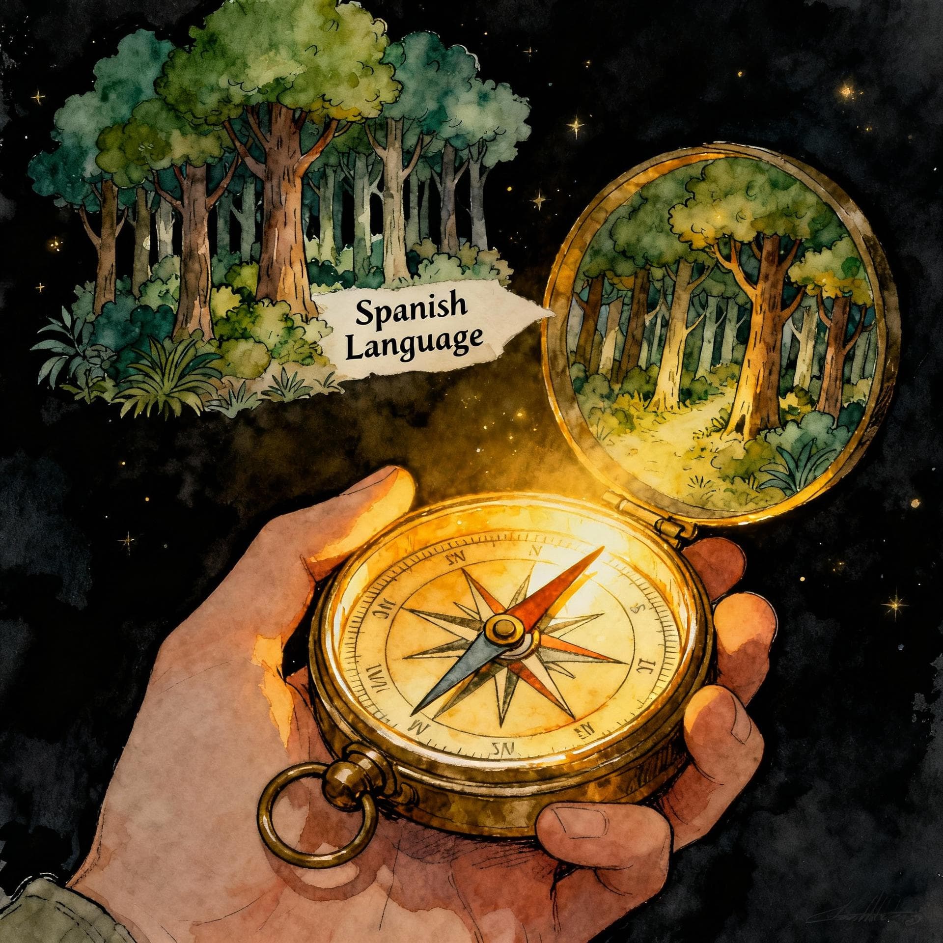 Charming ink and watercolor painting, clean lines, vibrant but soft color palette, storybook style, dark background. A hand holds a glowing, antique compass pointing toward a dense forest labeled 'Spanish Language'.