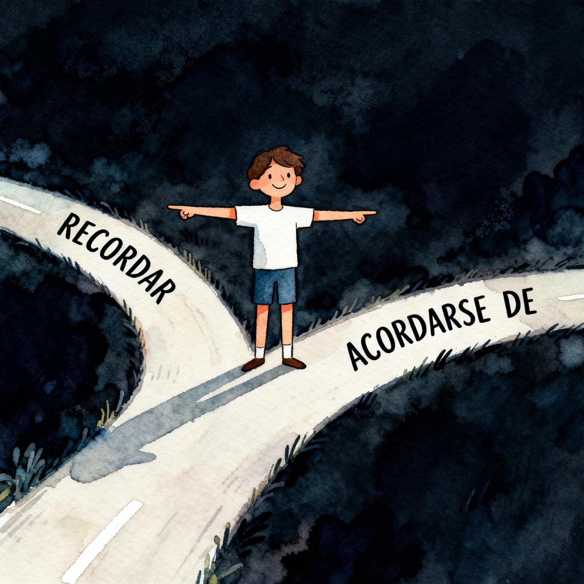 Charming ink and watercolor painting, clean lines, vibrant but soft color palette, storybook style, dark background. A person standing at a fork in the road, confidently pointing down both paths simultaneously with a relaxed smile. One path is labeled 'RECORDAR' and the other is labeled 'ACORDARSE DE'.