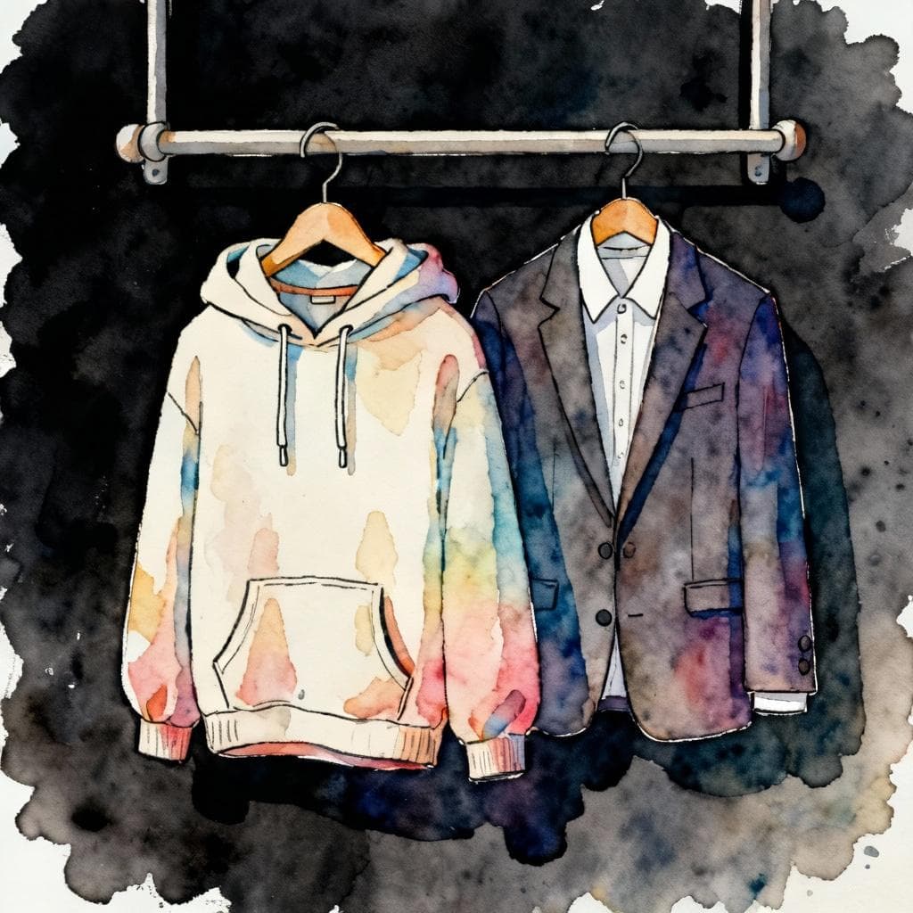 Charming ink and watercolor painting, clean lines, vibrant but soft color palette, storybook style, dark background. Two garments on a simple coat rack: a casual hoodie and a formal blazer, symbolizing casual vs. formal tone; minimal details and soft shadows.
