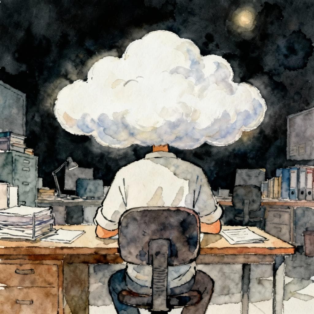 Charming ink and watercolor painting, clean lines, vibrant but soft color palette, storybook style, dark background. A person sitting at a desk in a dull office, but their head is literally replaced by a fluffy white cloud floating above their shoulders.