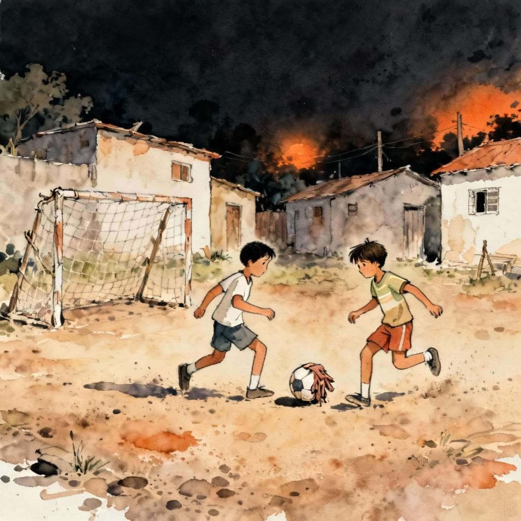 Two kids playing fútbol with a rag ball in a dusty potrero beside simple barrio houses and a makeshift goal, warm evening glow — charming ink and watercolor painting, clean lines, vibrant but soft color palette, storybook style, dark background