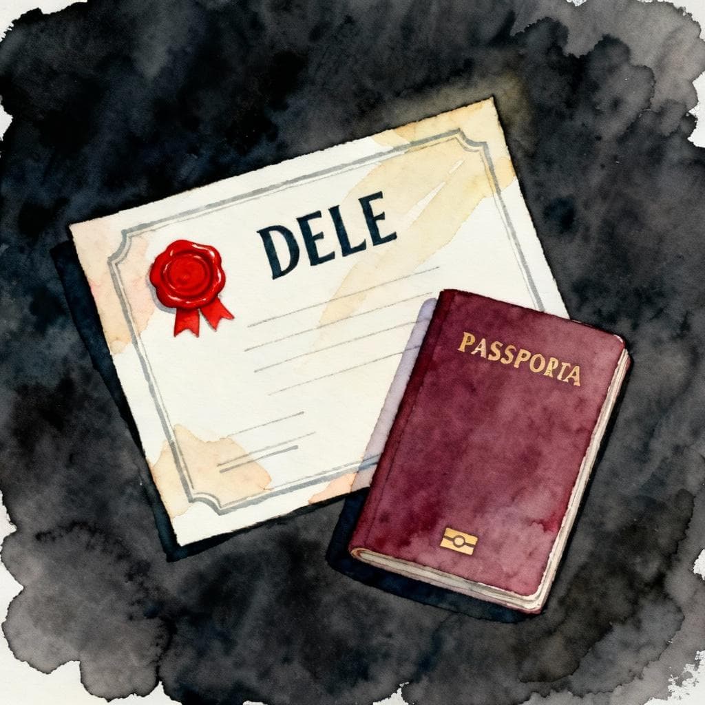 Charming ink and watercolor painting of a simple Spanish diploma labeled “DELE” with a small red wax seal, next to a closed passport on a dark background; clean lines, soft vibrant colors, storybook style, minimal composition