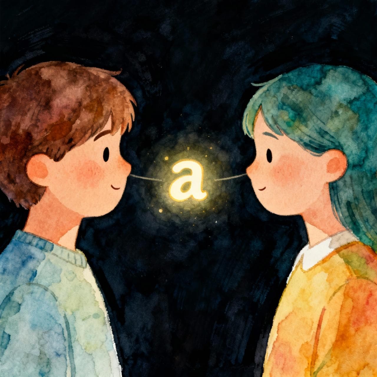 A simple visual metaphor for the Spanish personal 'a'. A person on the left represents a verb, and a person on the right represents a direct object. A small, glowing, friendly letter 'a' floats between them, connecting them. Minimalist scene. Charming ink and watercolor painting, vibrant but soft color palette, storybook style, on a dark background.
