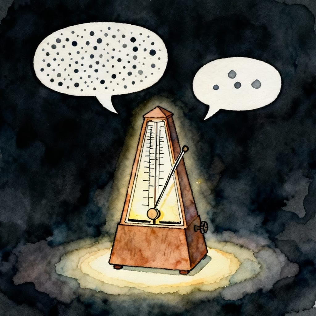 Charming ink and watercolor painting, clean lines, vibrant but soft color palette, storybook style, dark background. Simple scene: a single metronome with a gentle glow, and two minimal speech bubbles hovering above—left bubble filled with many small dots (suggesting many syllables), right bubble with a few larger shapes (suggesting dense syllables). No text inside the bubbles.