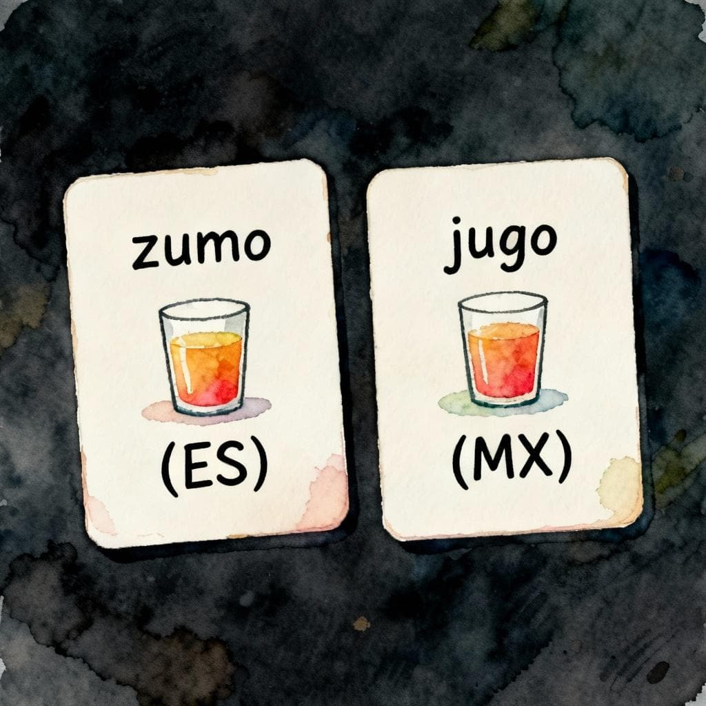 Charming ink and watercolor painting, clean lines, vibrant but soft color palette, storybook style, dark background. Two simple flashcards side by side with a small glass-of-juice icon: left card reads 'zumo (ES)', right card reads 'jugo (MX)'. Minimal details.