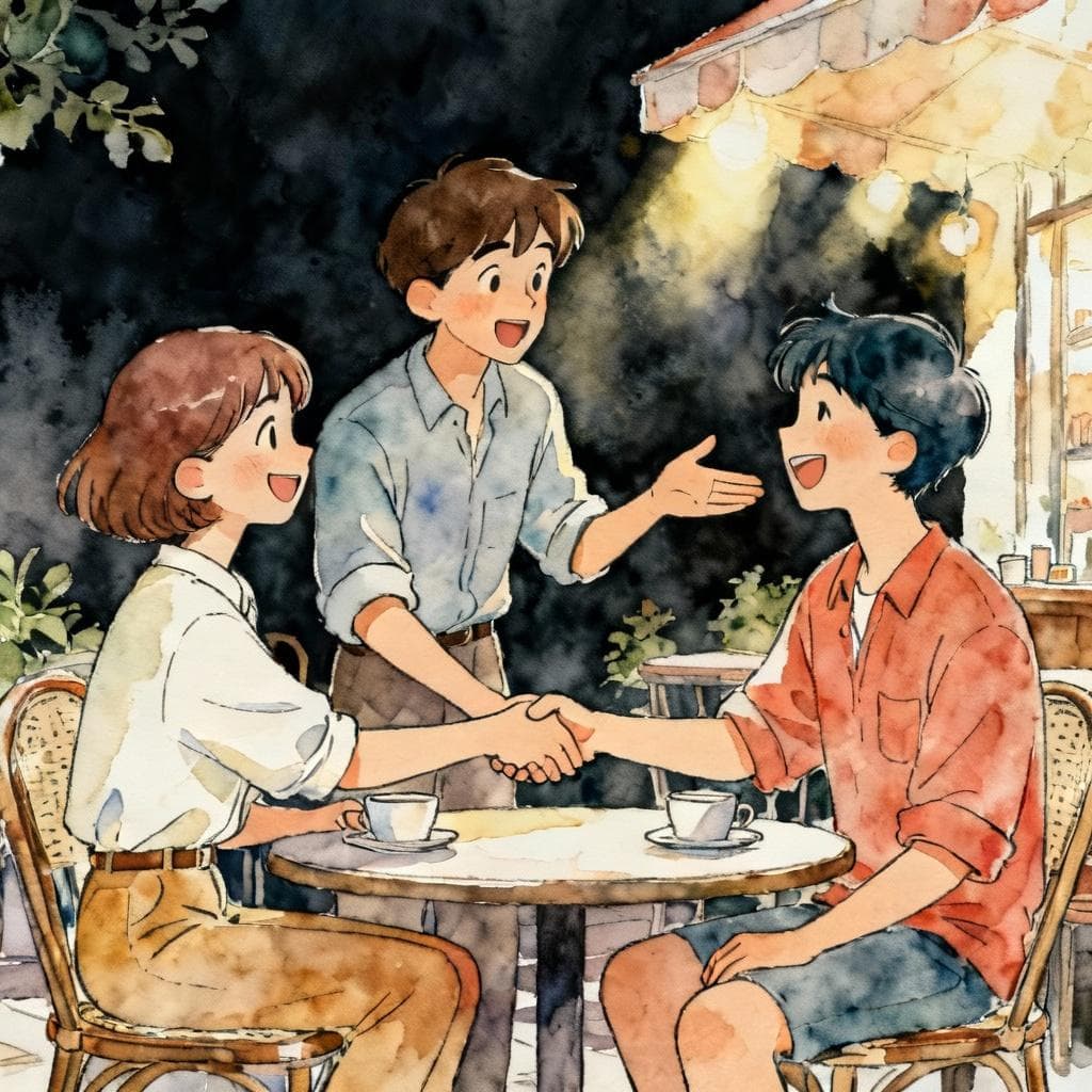 Three people at an outdoor cafe. One person is gesturing between their two friends, introducing them to each other. The other two are smiling and shaking hands. Charming ink and watercolor painting, clean lines, vibrant but soft color palette, storybook style, dark background.
