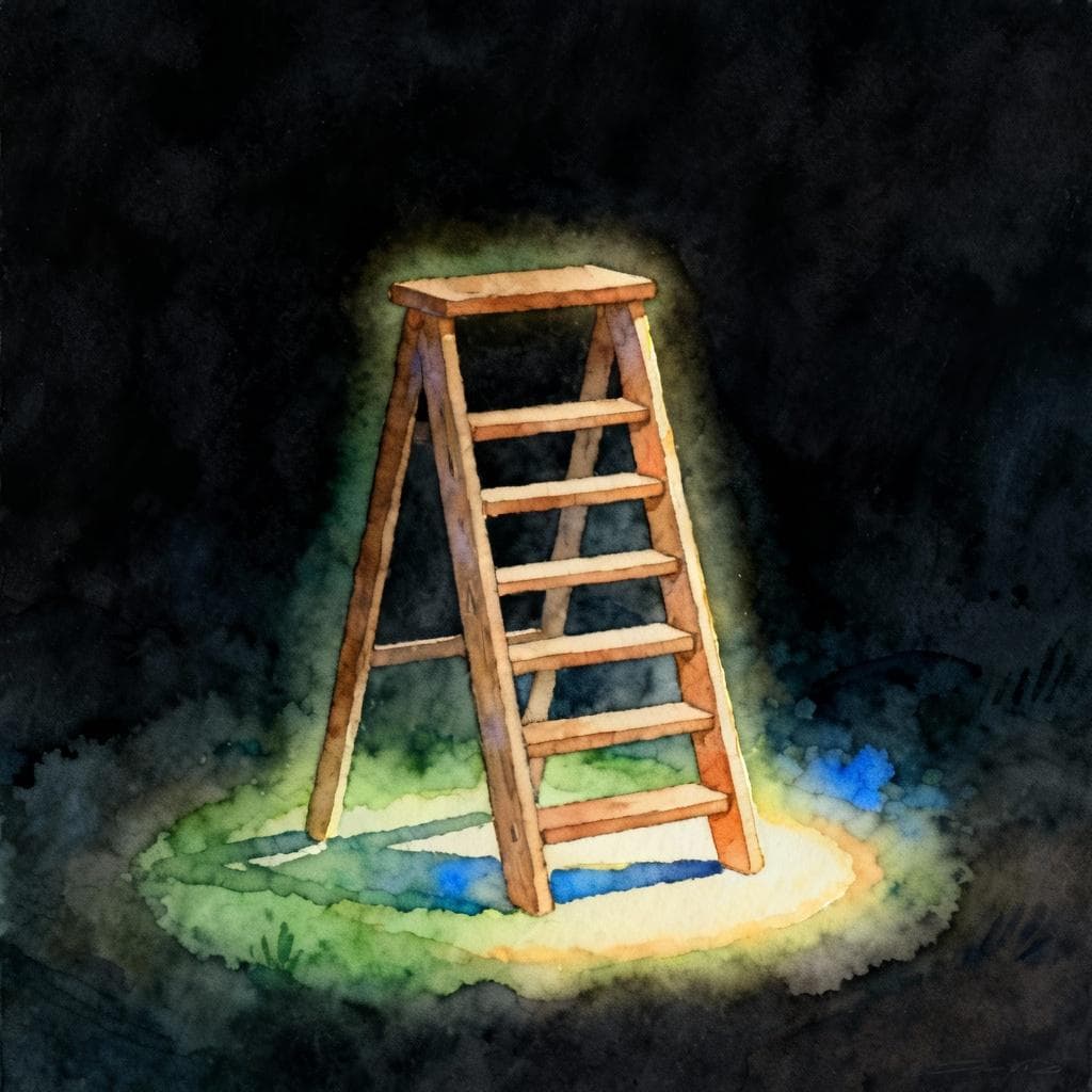 Charming ink and watercolor painting of a simple five-step wooden ladder on a dark background, soft glow, minimal scene, clean lines, vibrant but soft palette, storybook style