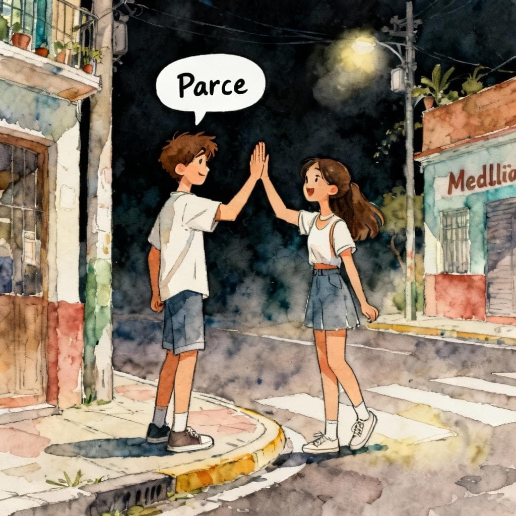 Charming ink and watercolor painting, clean lines, vibrant but soft color palette, storybook style, dark background. Two young people, a male and a female, standing on a street corner in Medellín, high-fiving. The male character has a speech bubble above his head containing the word 'Parce'.