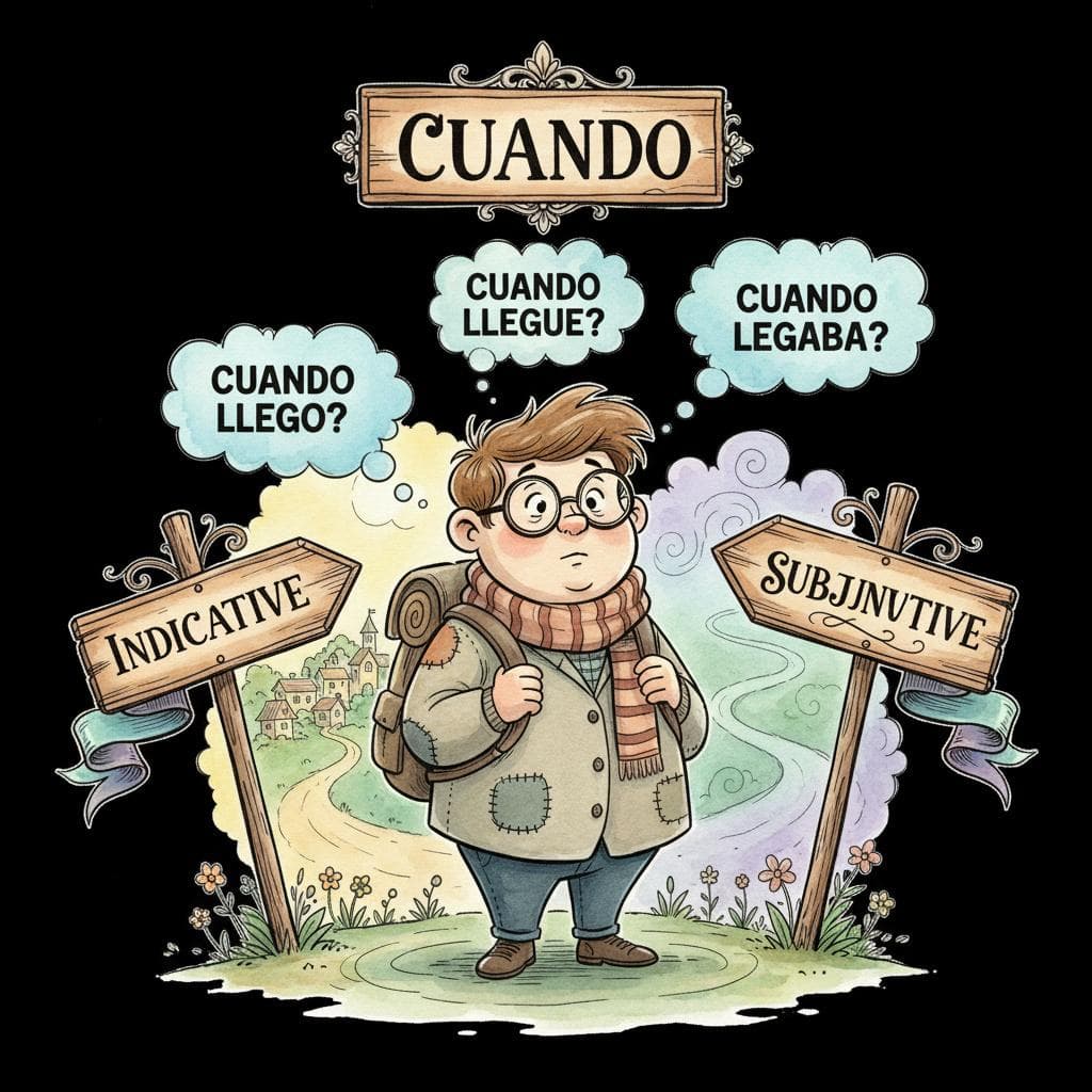 Charming ink and watercolor painting, clean lines, vibrant but soft color palette, storybook style. A friendly, slightly confused cartoon student stands at a crossroads, looking at two path signs. One sign points left labeled "Indicative" with a clear, sunny path, and the other points right labeled "Subjunctive" with a slightly mistier, winding path. A central signpost above their head reads "Cuando." Thought bubbles float around their head, showing text like "Cuando llego?" and "Cuando llegue?". black background.