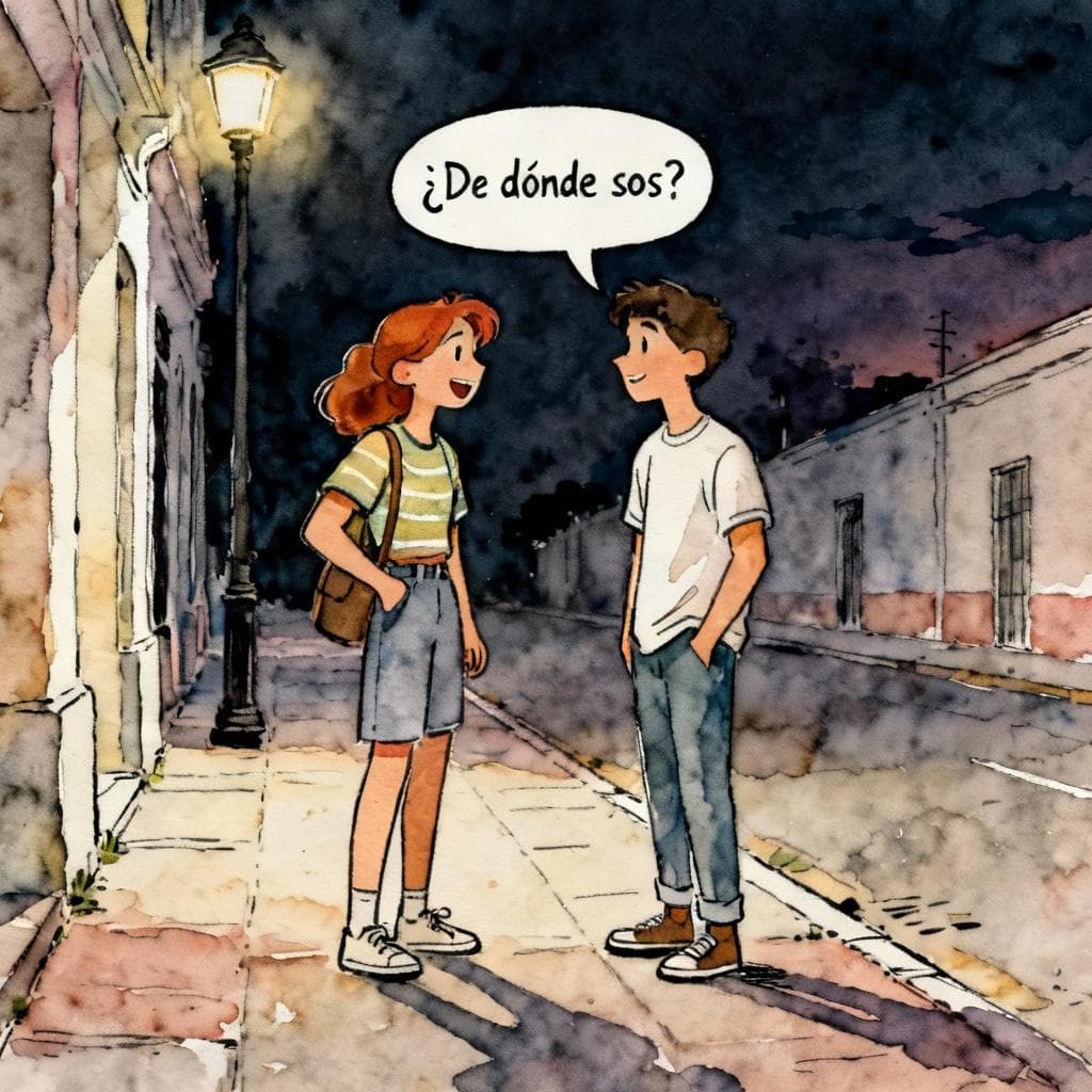 Two friendly young adults chatting on a Buenos Aires sidewalk at dusk, one speech bubble saying “¿De dónde sos?”, dark background. Charming ink and watercolor, clean lines, vibrant but soft colors, storybook style. Minimal background hints like a street lamp and simple facades.