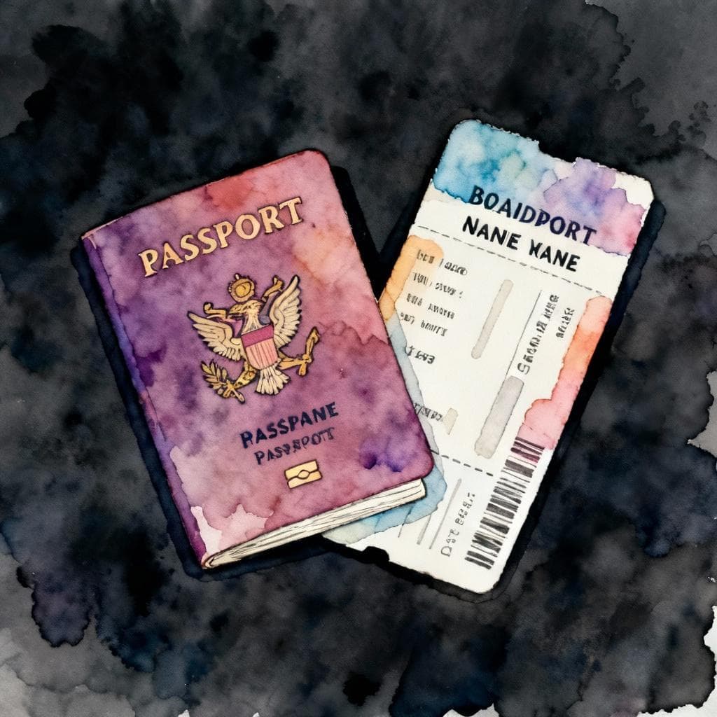 Minimal scene with a passport and a boarding pass side by side, names clearly matching; charming ink and watercolor, clean lines, vibrant but soft colors, dark background, storybook style.