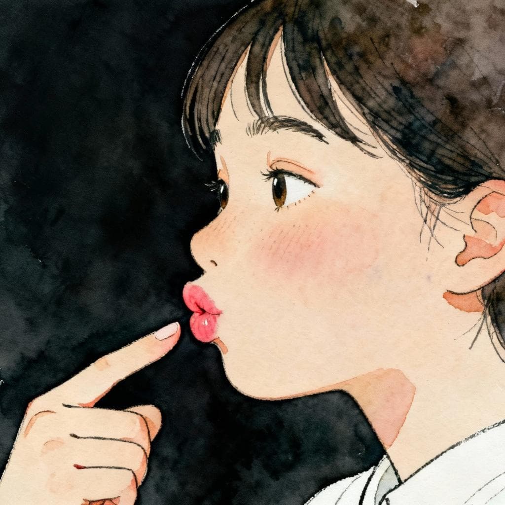 Close‑up of a person subtly pointing with their lips (slight pout) toward the side; minimal background; charming ink and watercolor painting, clean lines, vibrant but soft color palette, storybook style, dark background.
