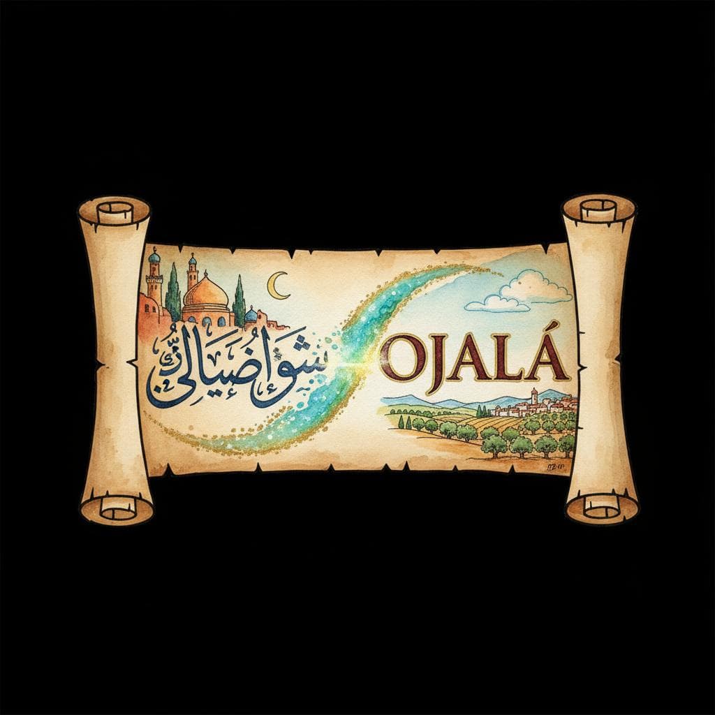 Charming ink and watercolor painting. A historical scroll or ancient manuscript unfurling, with elegant Arabic calligraphy (representing 'law šá lláh') on one side, subtly morphing and transitioning into the clear, modern Spanish script for 'ojalá' on the other. A subtle, guiding light or magical aura connects the two scripts, symbolizing the linguistic transformation over time. The background hints at ancient Moorish architecture and Spanish landscapes. Clean lines, vibrant but soft color palette, storybook style. black background.