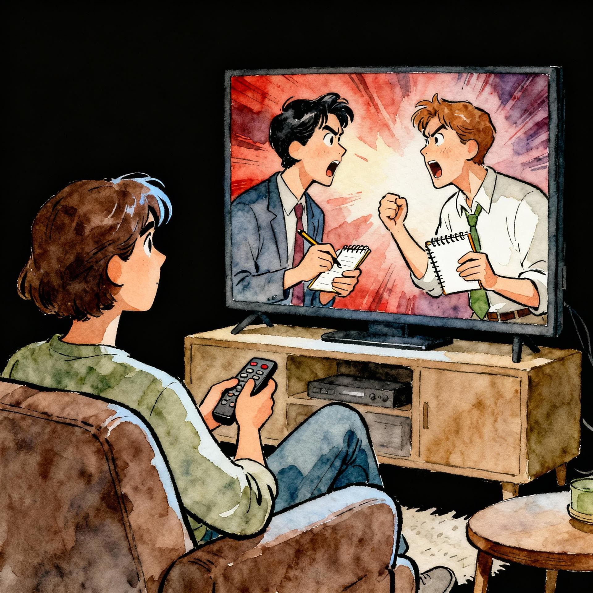 Charming ink and watercolor painting, clean lines, vibrant but soft color palette, storybook style, dark background. A person sitting comfortably on a sofa, holding a remote control, looking intently at a large screen displaying a dramatic scene of two characters arguing. The person on the sofa is actively holding a small notebook and pen.
