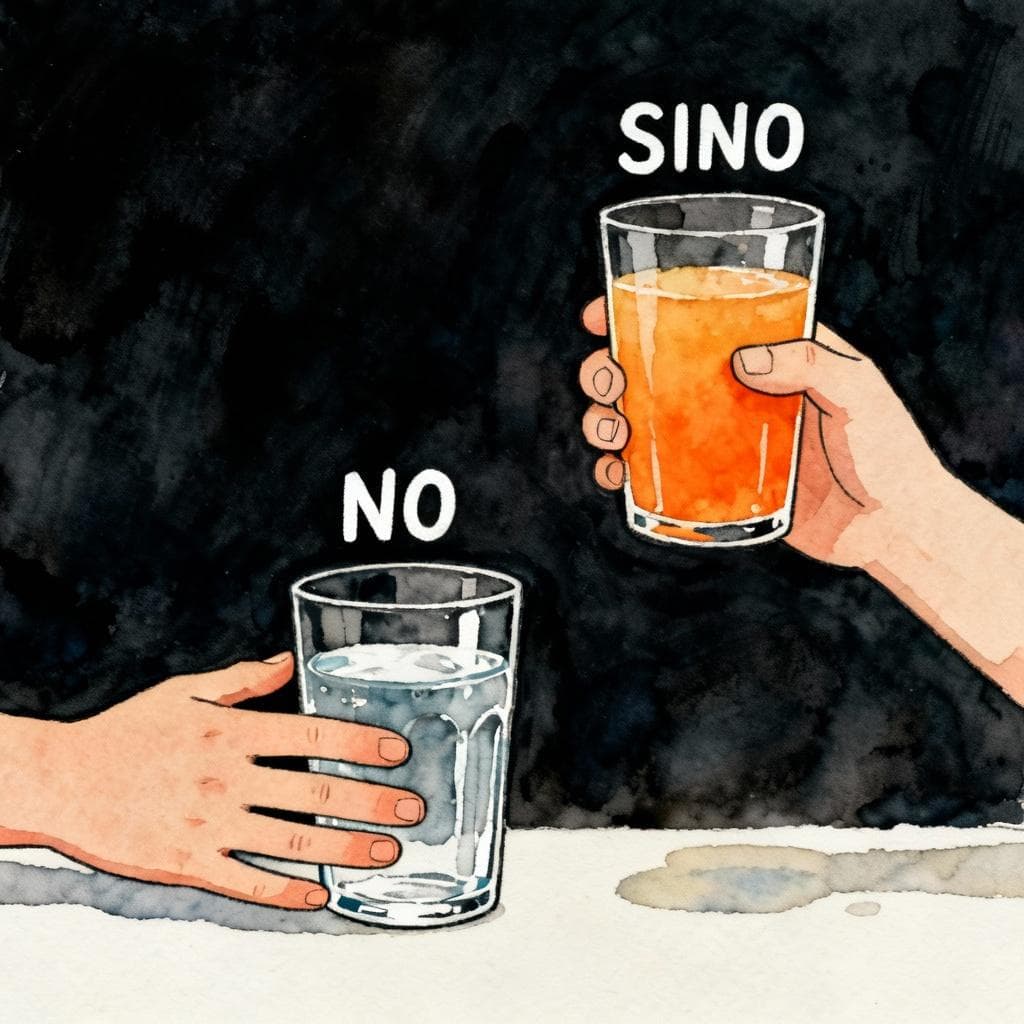 A charming ink and watercolor painting, clean lines, vibrant but soft color palette, storybook style, dark background. A hand pushes away a glass of clear water. Next to the water, a different hand holds up a glass of orange juice. The word 'NO' is clearly written above the water glass, and the word 'SINO' is clearly written above the juice glass.