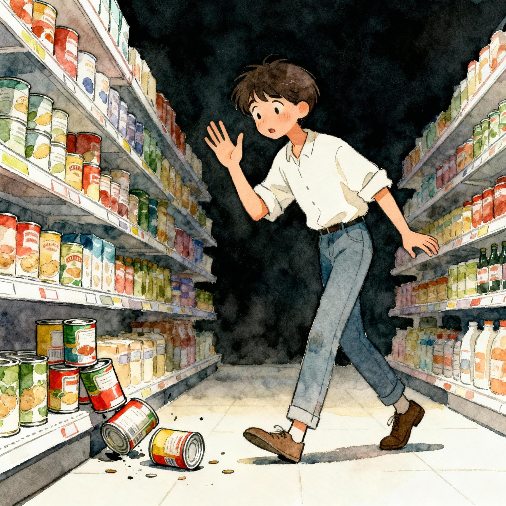 Charming ink and watercolor painting, clean lines, vibrant but soft color palette, storybook style, dark background. A person in a supermarket aisle has accidentally knocked over a small stack of canned goods. They look slightly embarrassed and are making a quick, casual apology gesture.