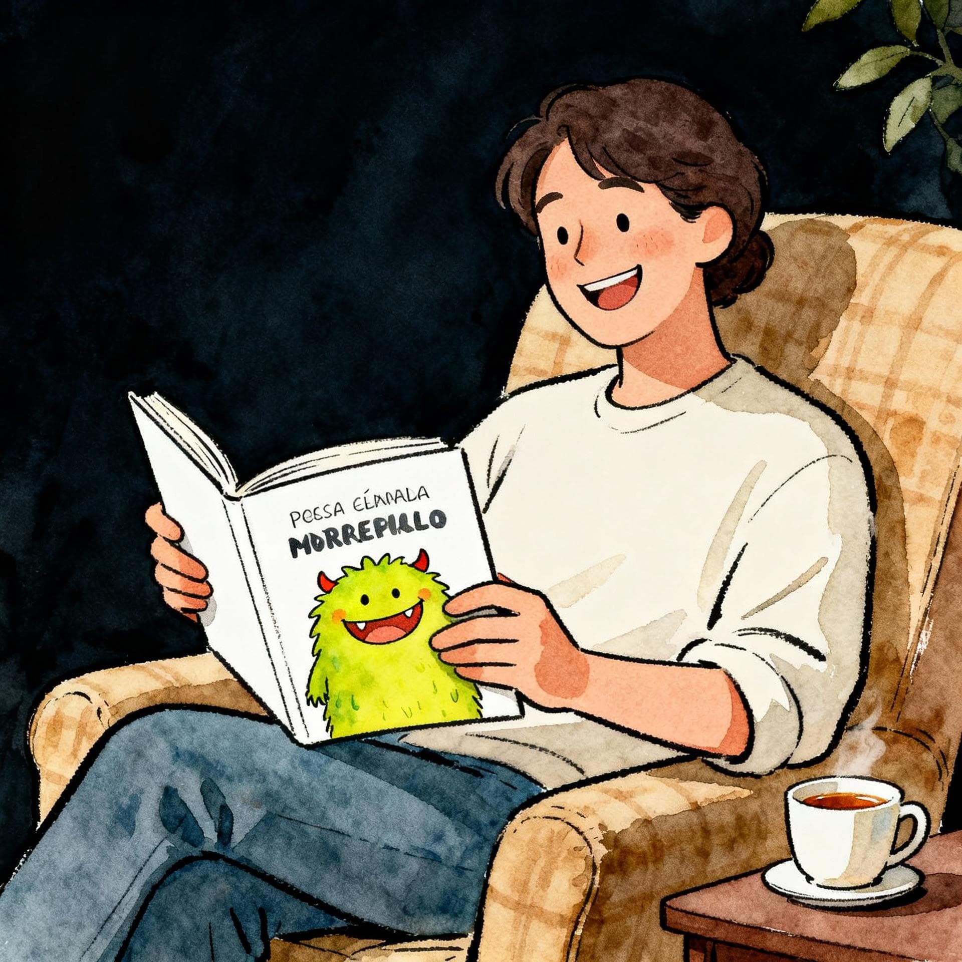 A smiling adult sitting comfortably in a cozy armchair, holding open a Spanish children's book. The book cover is visible and features a simple, brightly colored illustration of a happy monster. A cup of tea sits on a nearby table. Charming ink and watercolor painting, clean lines, vibrant but soft color palette, storybook style, dark background.