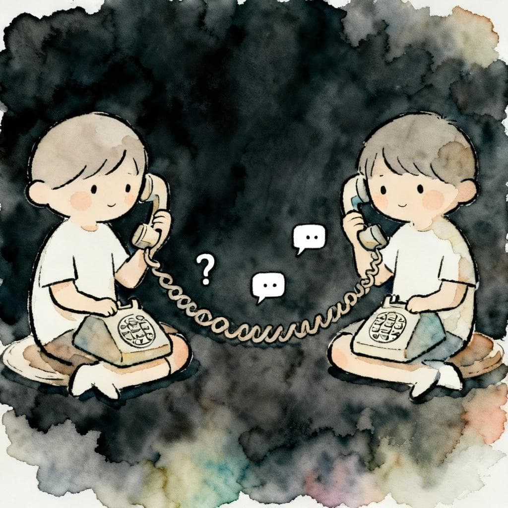 Two simple, stylized figures talking on old-fashioned corded phones connected by a winding cord. Between them, icons representing questions and messages float along the cord. Ink and watercolor painting with a clean, storybook feel and a dark background.