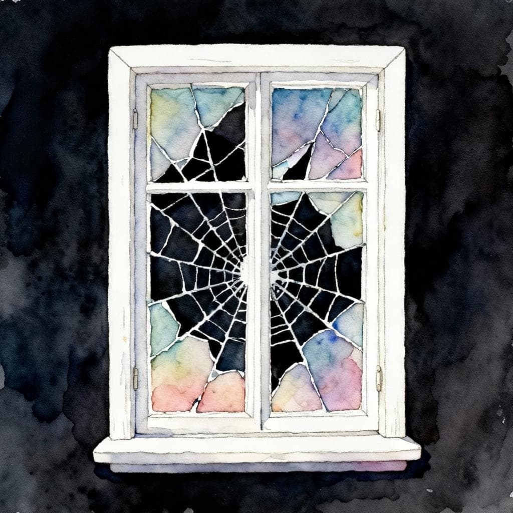 Charming ink and watercolor painting, clean lines, vibrant but soft color palette, storybook style, dark background. A single, pristine white window pane that is completely shattered with visible cracks spiderwebbing across the glass.