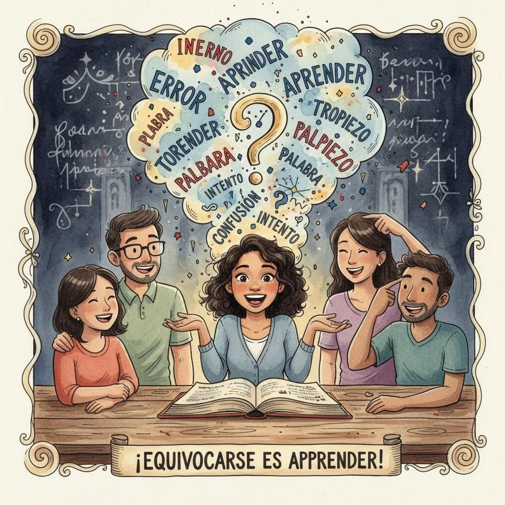 A friendly and diverse group of language learners sitting around a table, one person is shrugging with a smile as messy, jumbled Spanish words float out of a book in front of them, showing that mistakes are part of learning. Charming ink and watercolor painting, storybook style, dark background.