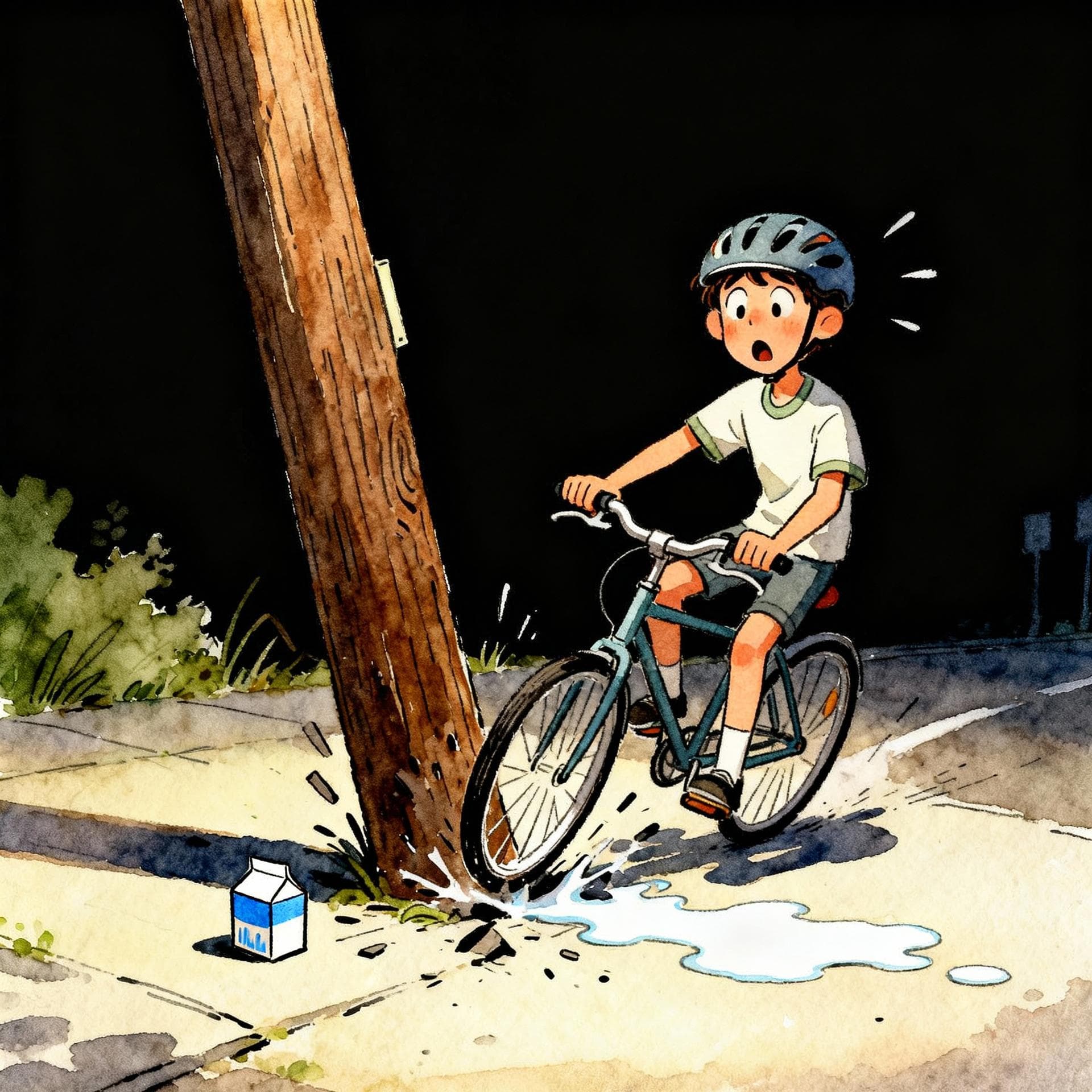 Charming ink and watercolor painting, clean lines, vibrant but soft color palette, storybook style, dark background. A person wearing a helmet is riding a bicycle and has just crashed into a large, sturdy wooden lamppost. The person is surprised, and a small, spilled carton of milk is visible near the crash site.
