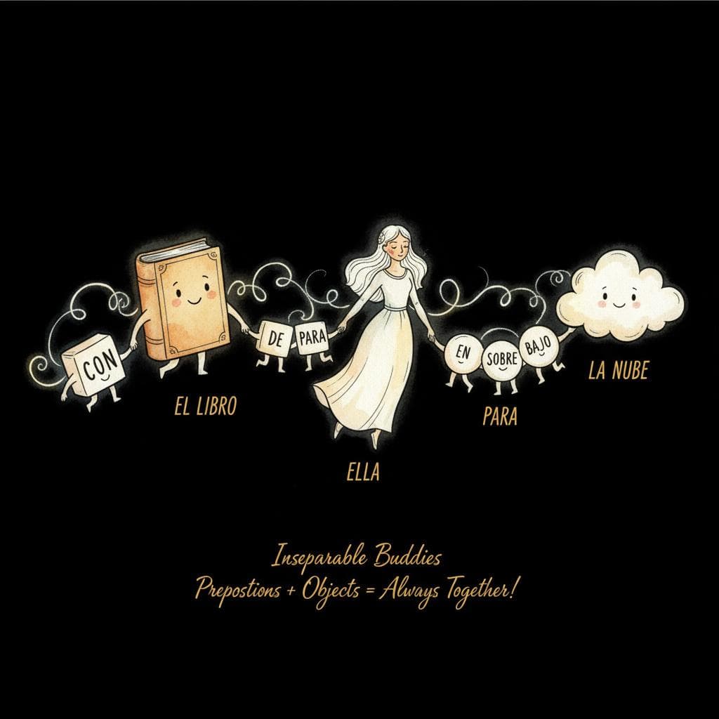 Three sets of small, anthropomorphic prepositions (e.g., 'con', 'de', 'para') each holding hands with a larger, friendly object (e.g., a noun like 'el libro', a pronoun like 'ella'). They are clearly inseparable buddies, illustrating that prepositions always need their object. black background.