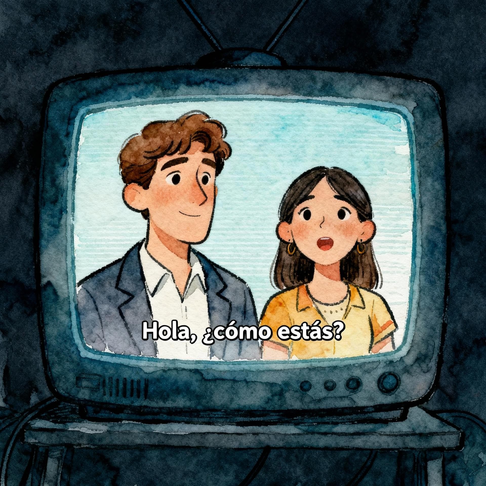 Charming ink and watercolor painting, clean lines, vibrant but soft color palette, storybook style, dark background. A close-up of a television screen showing Spanish subtitles below the actors. The subtitles are clearly visible and match the spoken dialogue.