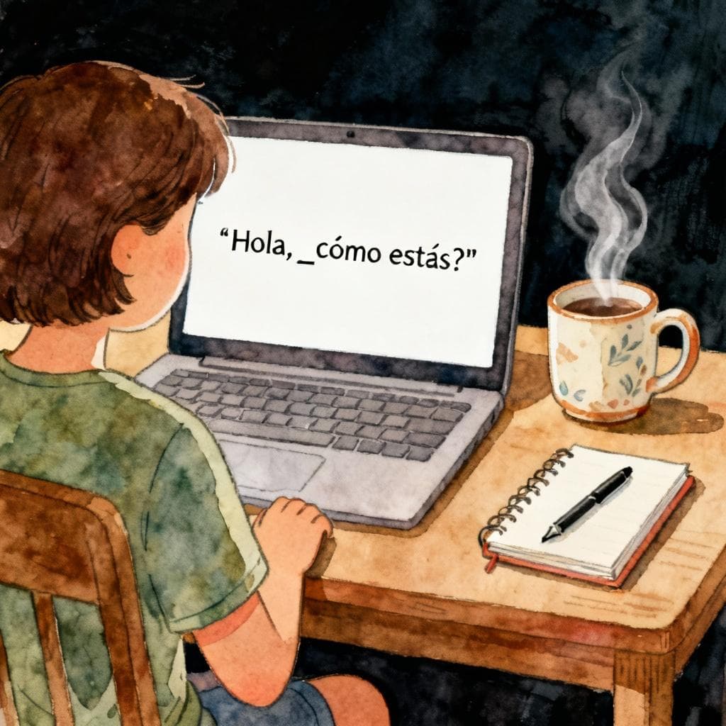 A cozy desk scene: a learner watching a laptop with a simple Spanish subtitle line on screen, a mug, and a small notebook with a pen; soft ink-and-watercolor, clean lines, vibrant but gentle colors, storybook style, on a dark background