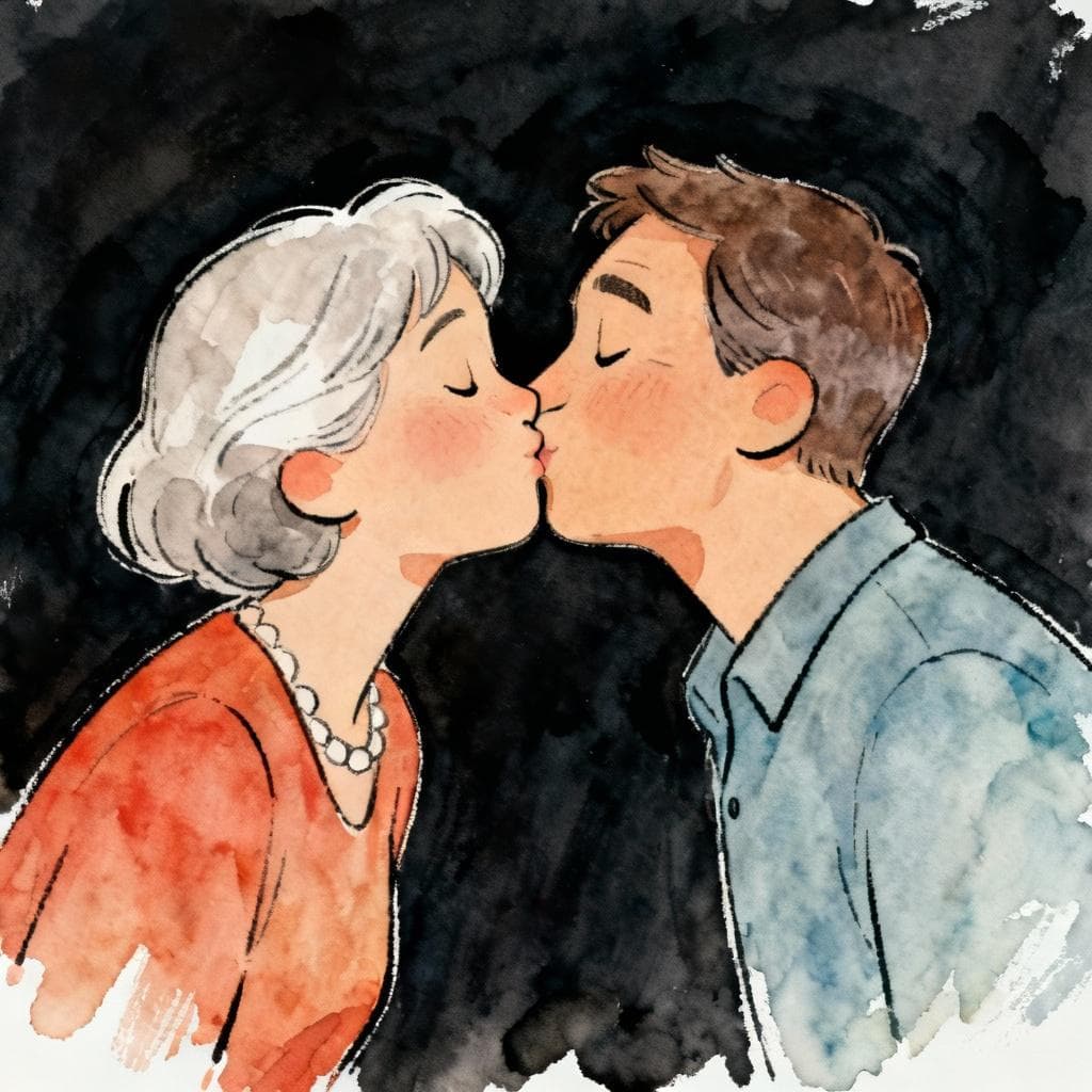 Two friendly adults greeting with a light cheek-to-cheek air kiss (beso), minimal background; charming ink and watercolor painting, clean lines, vibrant but soft color palette, storybook style, dark background. No text.