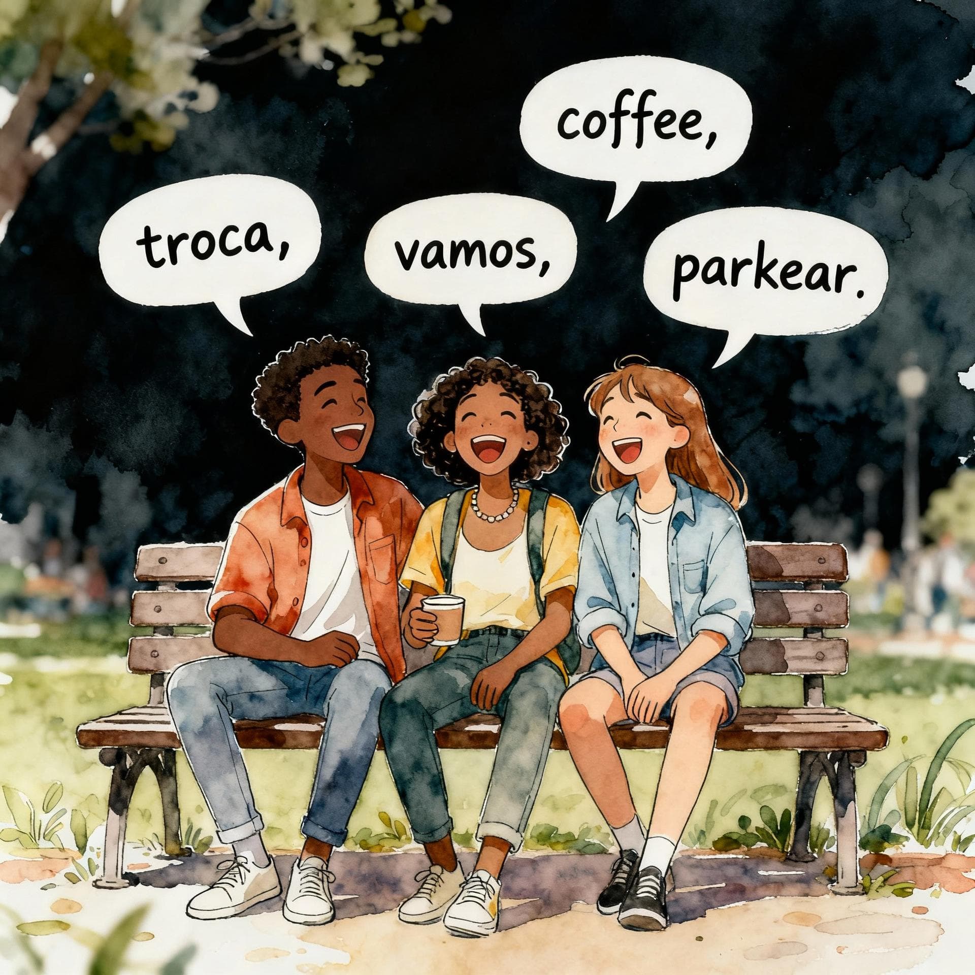 A diverse group of three young adults laughing together on a park bench, with speech bubbles above their heads showing a mix of Spanish and English words (e.g., 'troca,' 'coffee,' 'vamos,' 'parkear'). Charming ink and watercolor painting, clean lines, vibrant but soft color palette, storybook style, dark background.