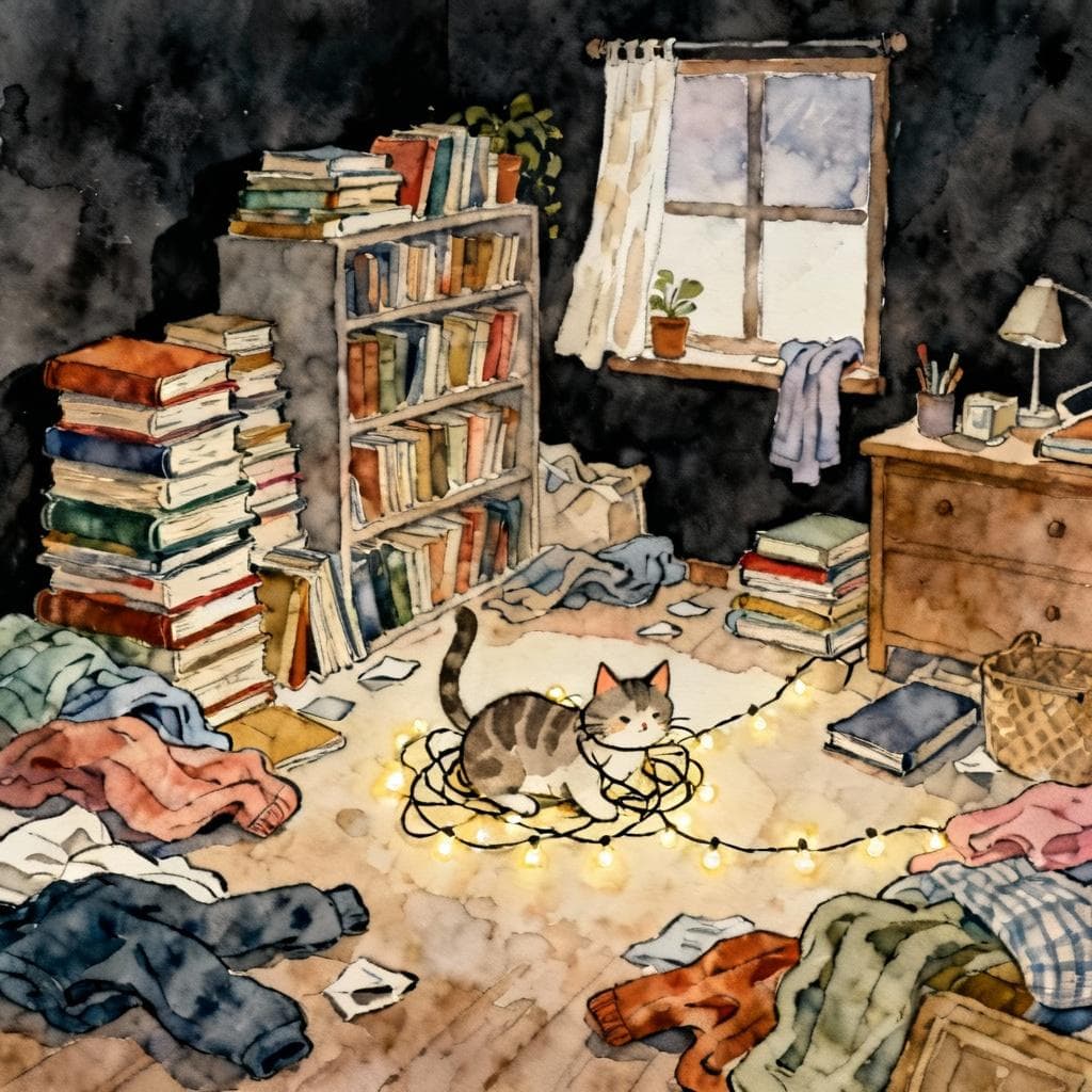 A cartoon illustration of a small, cluttered room where books are piled high, clothes are strewn everywhere, and a cat is tangled in a string of lights, creating a visual representation of total chaos. Charming ink and watercolor painting, clean lines, vibrant but soft color palette, storybook style, dark background.