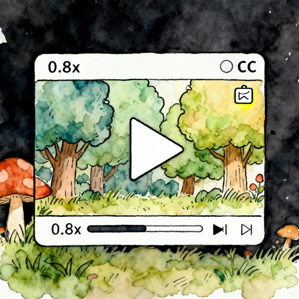Charming ink and watercolor painting of a simple media player interface with a big play button, a visible 0.8x speed indicator, and a highlighted CC captions icon; clean lines, vibrant but soft colors, storybook style, dark background