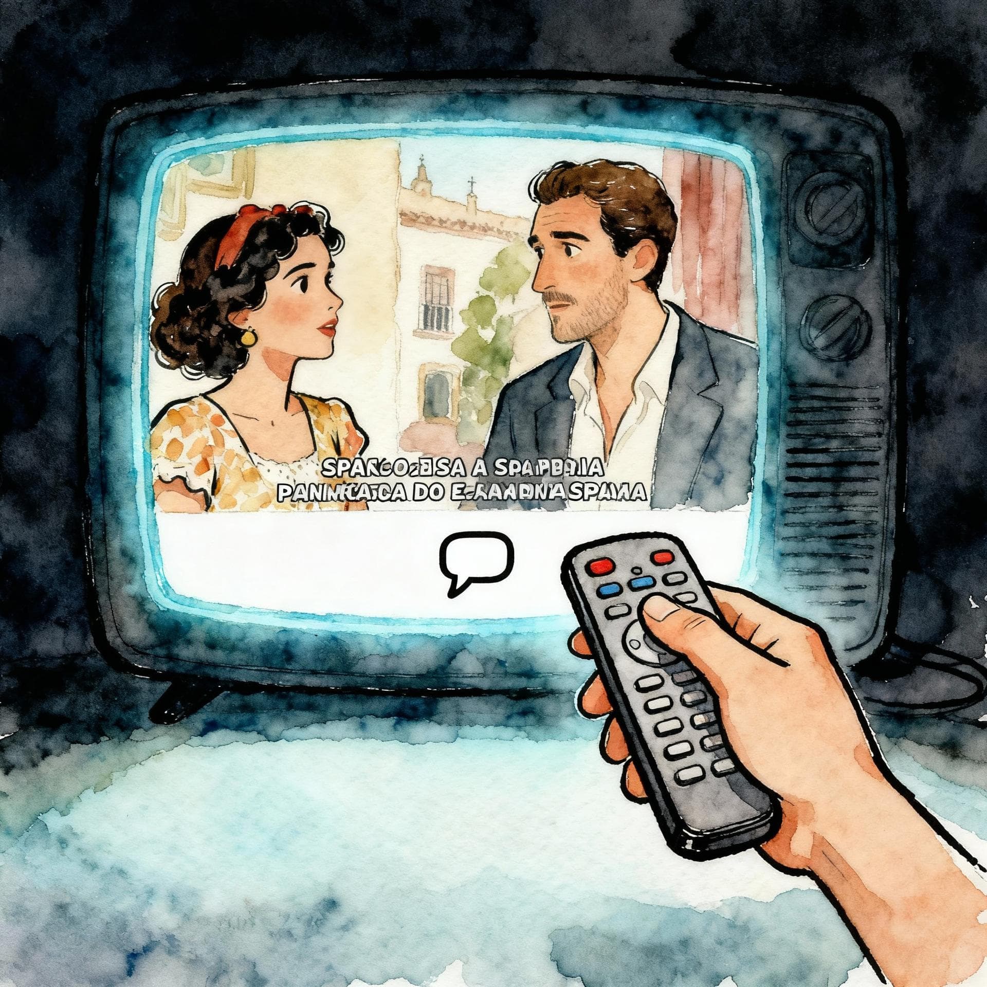 Charming ink and watercolor painting, clean lines, vibrant but soft color palette, storybook style, dark background. A close-up view of a glowing TV screen displaying a Spanish movie scene. A hand is pointing a remote control at the screen, and a small, stylized speech bubble icon is clearly visible at the bottom of the screen.