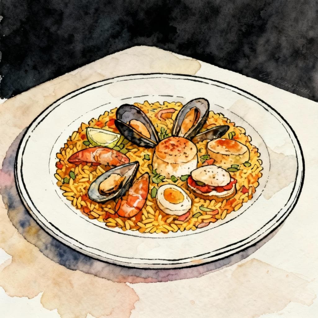 Charming ink and watercolor painting, clean lines, vibrant but soft color palette, storybook style, dark background. A perfectly plated meal of paella or tapas, ready to be eaten, suggesting that the food is fully 'made' or 'done'.