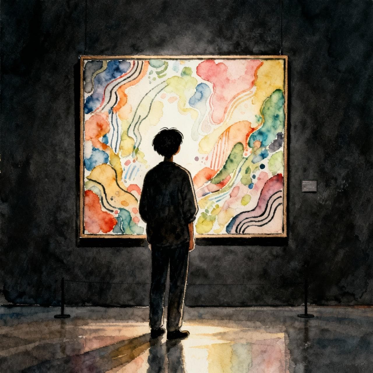A person seen from behind stands in a dimly lit art museum, looking intently at a vibrant, abstract painting on a dark wall. Charming ink and watercolor painting, clean lines, vibrant but soft color palette, storybook style. dark background.