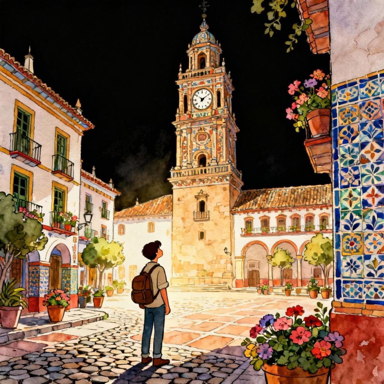 A traveler looking thoughtfully at a large, ornate clock tower in a vibrant Spanish-style plaza. Charming ink and watercolor painting, clean lines, vibrant but soft color palette, storybook style, dark background.