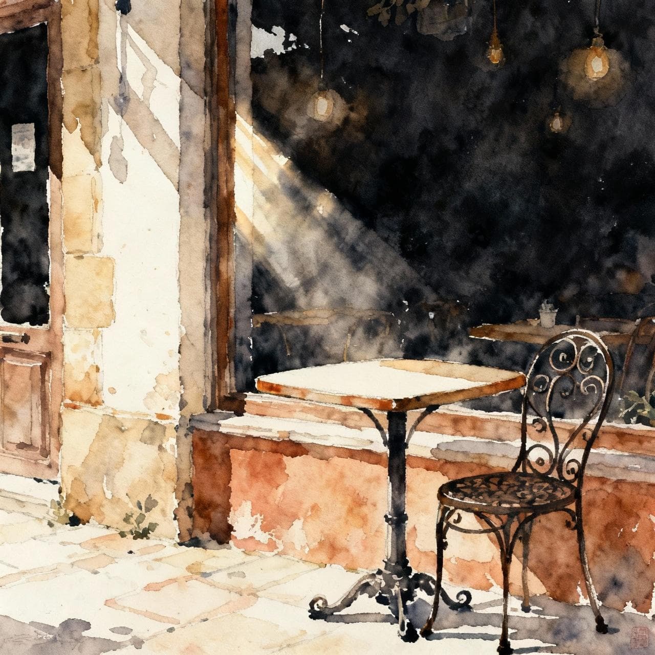 Charming ink and watercolor painting of a cozy Spanish café terrace, a single empty table with a wrought-iron chair in the foreground, soft morning sunlight filtering through, storybook style, dark background.