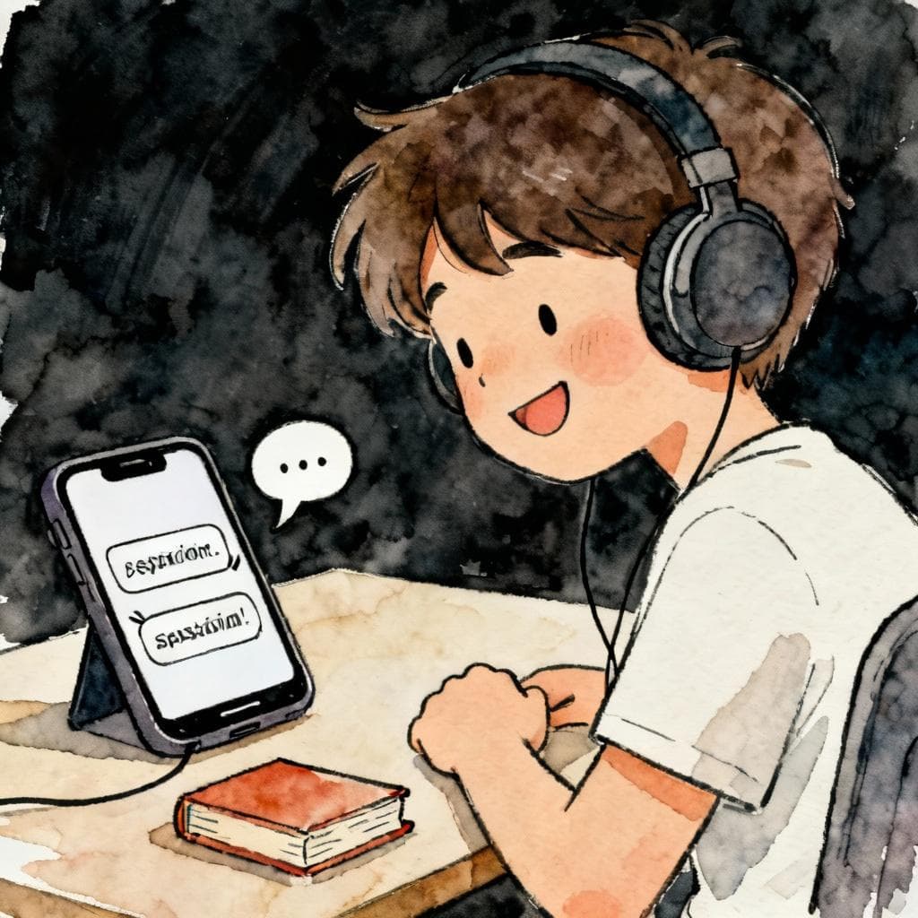 Charming ink and watercolor painting of a single learner with headphones, smiling while watching a phone that shows two simple Spanish subtitle lines; small book and speech bubble icons; minimal desk scene; storybook style, clean lines, vibrant but soft colors, dark background