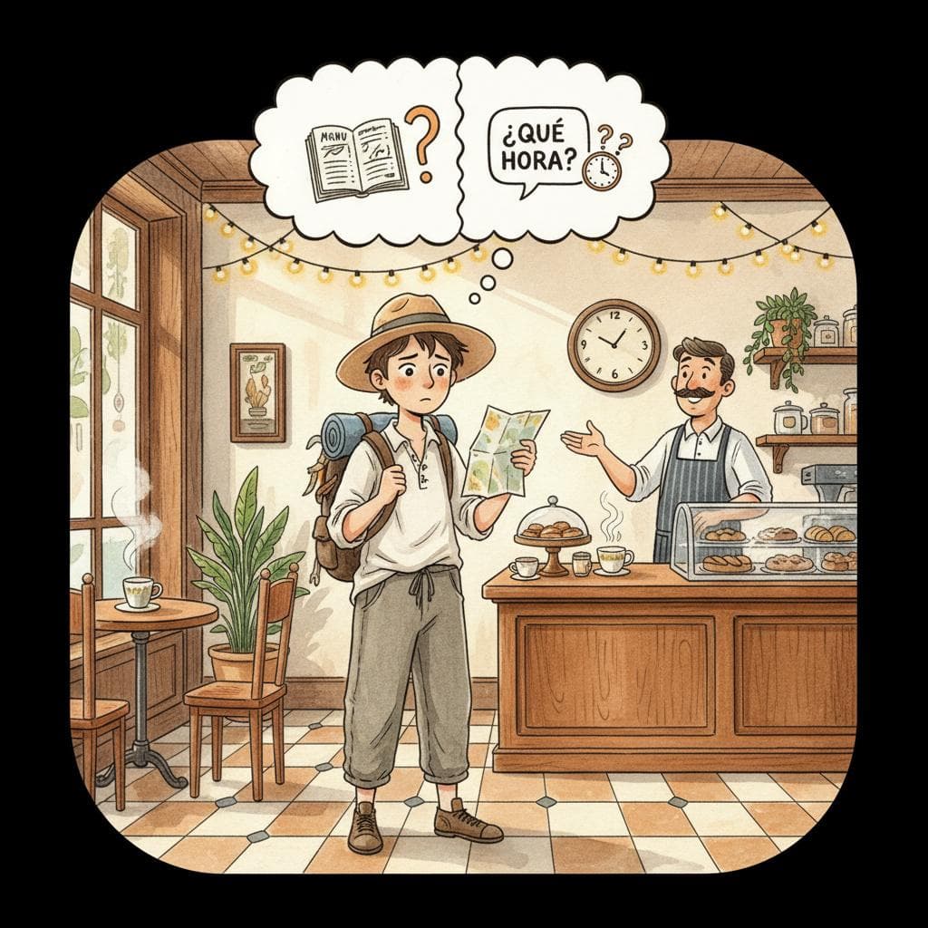 A young traveler stands in a cozy Spanish cafe, looking slightly perplexed. A thought bubble above their head shows two distinct ideas: one side has a menu with a question mark (asking for a thing), the other side has a speech bubble with a 'what time?' query (asking for information). The barista smiles kindly in the background. Warm, inviting cafe atmosphere. black background.
