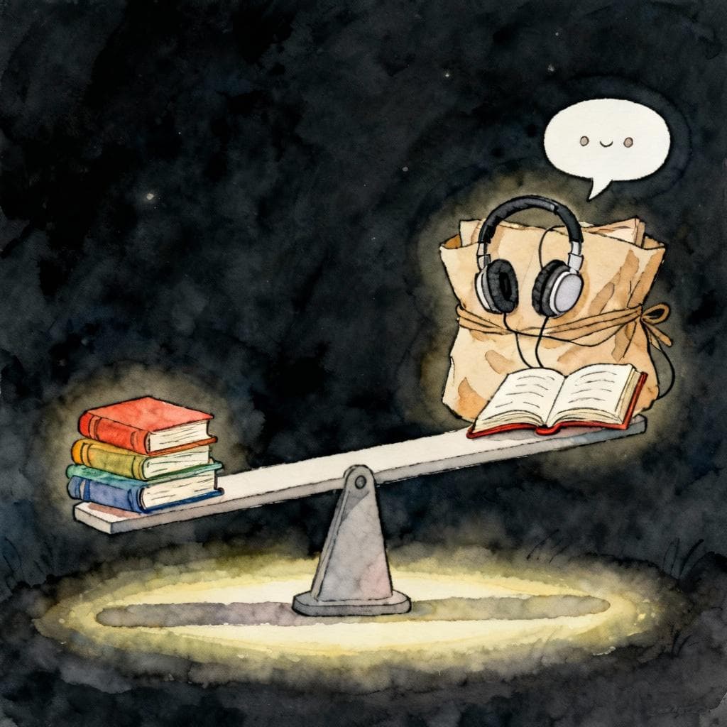 Charming ink and watercolor, clean lines, vibrant but soft colors, storybook style, dark background. A simple balance scale: on one side a small stack of grammar books; on the other, a larger bundle with headphones, an open book, and a chat bubble. Gentle glow, minimal elements, no text.