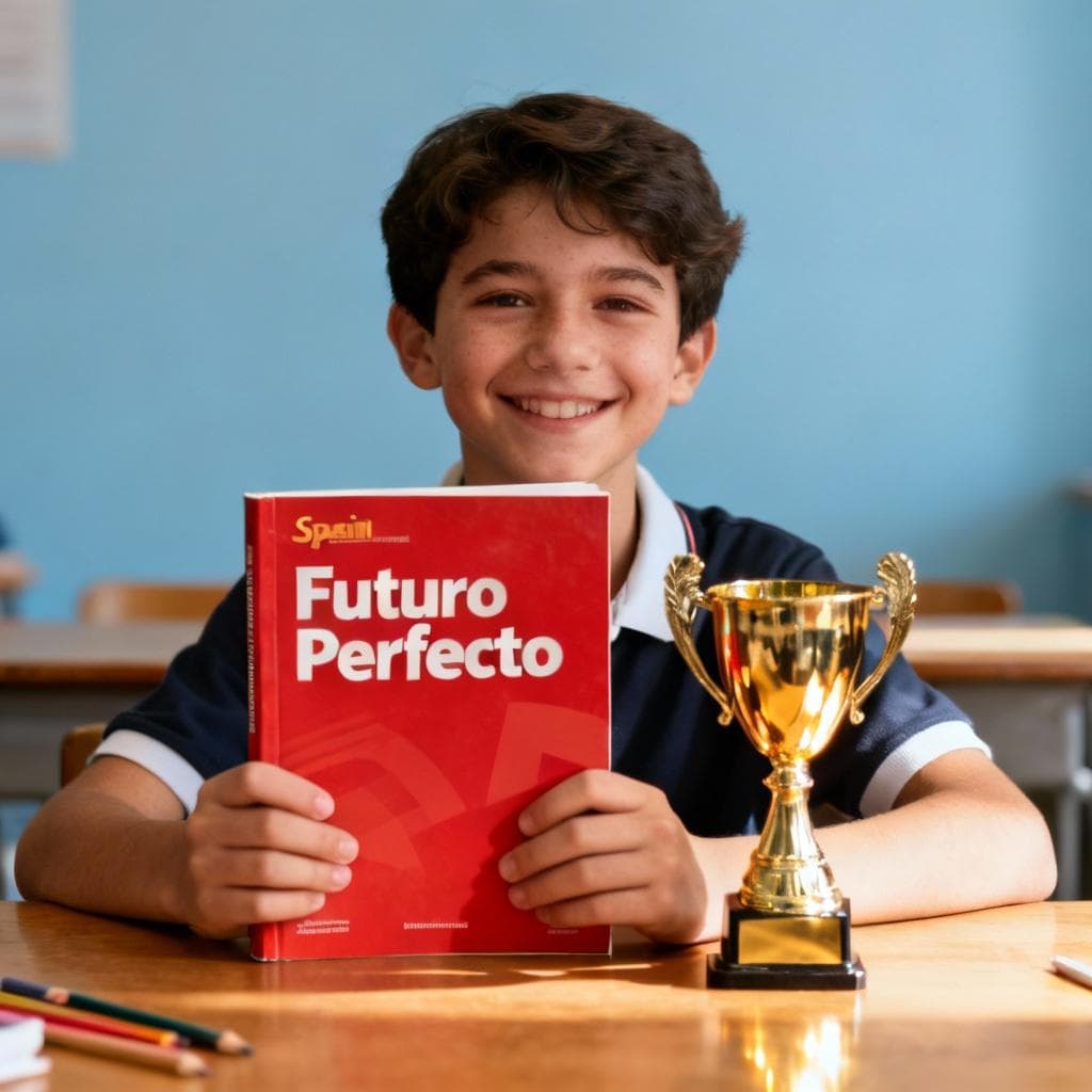 A student sitting at a desk, smiling confidently while holding a Spanish textbook titled 'Futuro Perfecto'. A small, golden trophy sits next to the book.