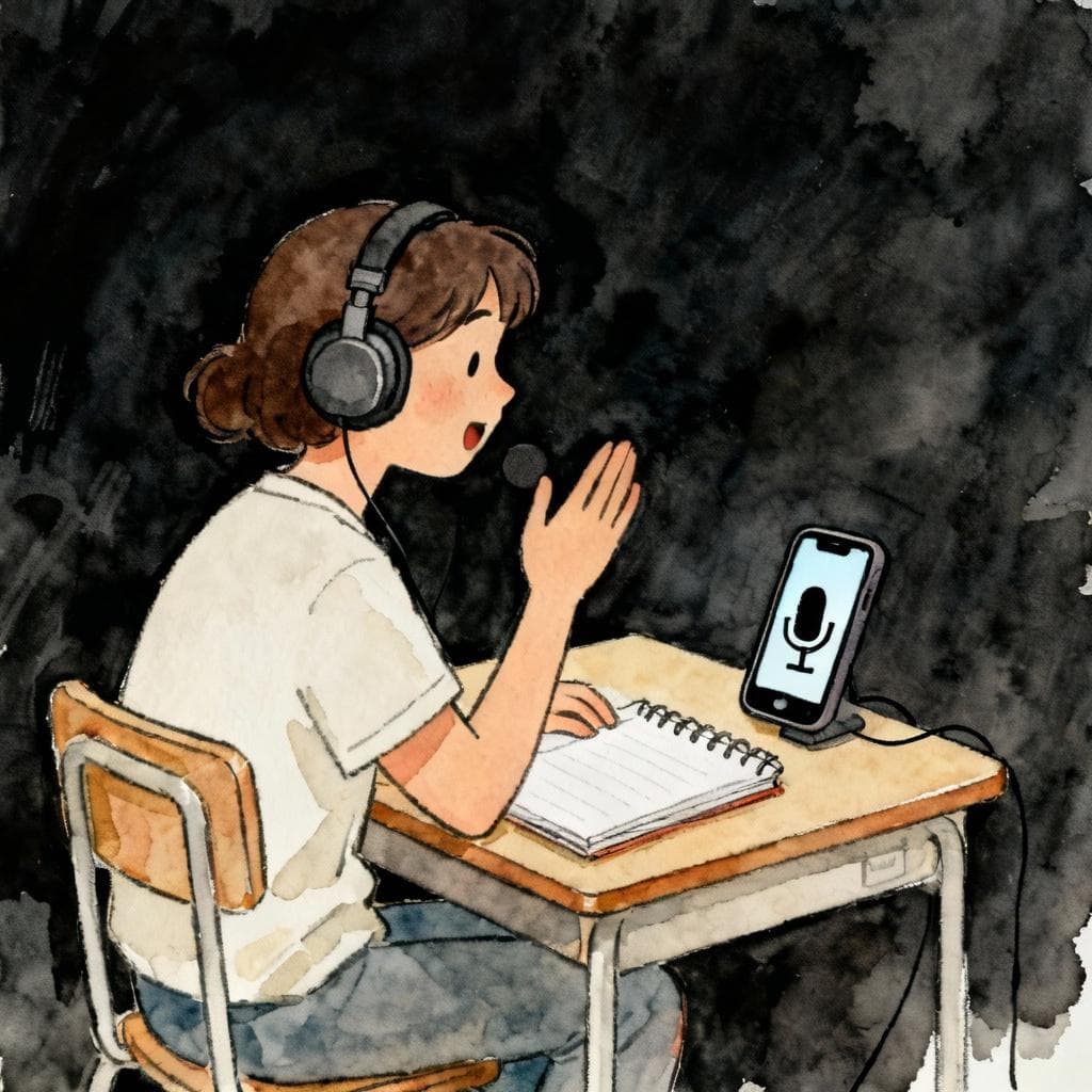 Charming ink and watercolor painting, clean lines, vibrant but soft color palette, storybook style, dark background. A single adult learner at a small desk wearing headphones, speaking softly, with a notebook and a smartphone on the desk showing a small microphone icon; cozy focused mood; minimal background details.