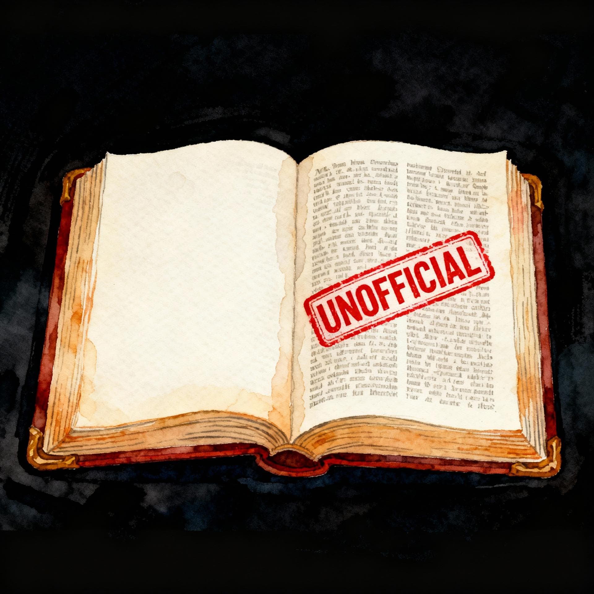 A stylized, antique dictionary lying open. The left page is blank, and the right page has a single, large, red stamp across it that reads 'UNOFFICIAL'. Charming ink and watercolor painting, clean lines, vibrant but soft color palette, storybook style, dark background.