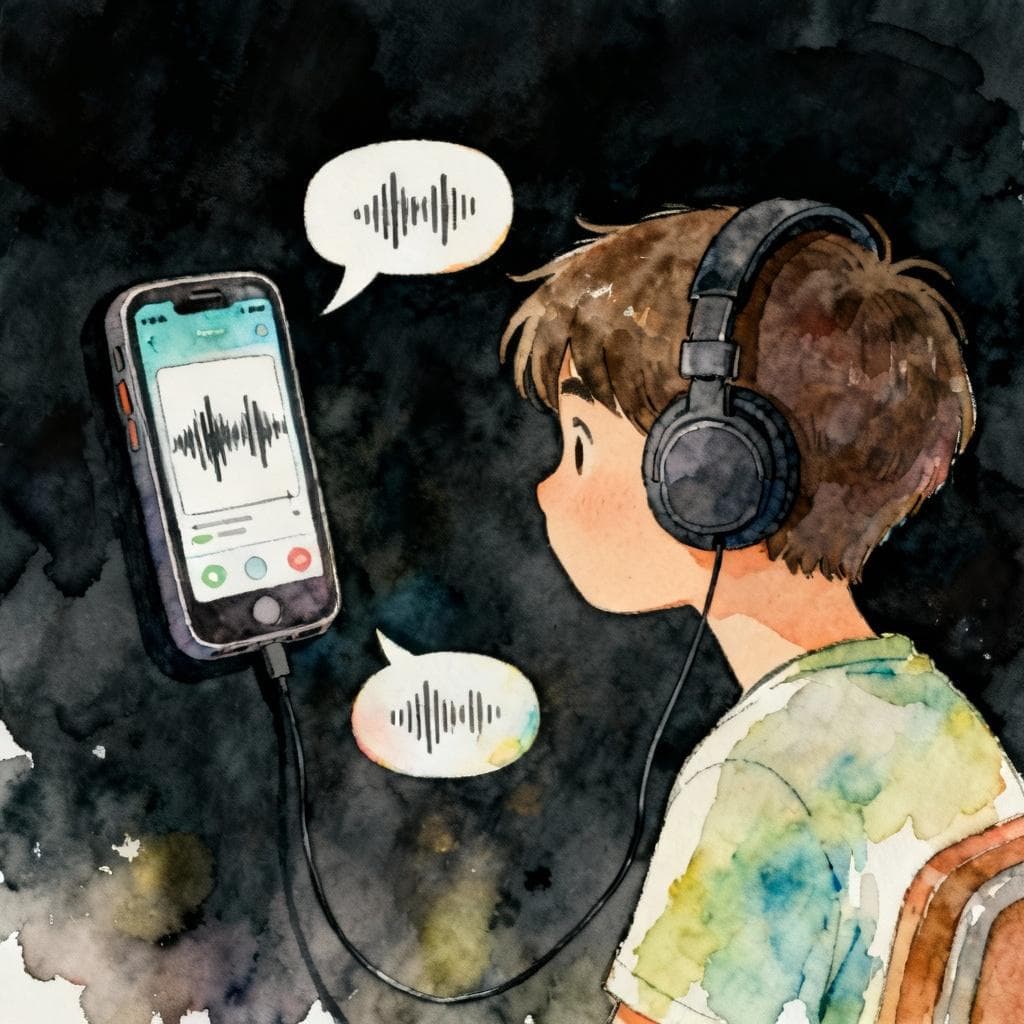 Charming ink and watercolor painting, clean lines, vibrant but soft color palette, storybook style, dark background. A learner with headphones facing a phone that shows a short audio clip; one small speech bubble from the phone and a second echo bubble near the learner; simple composition.