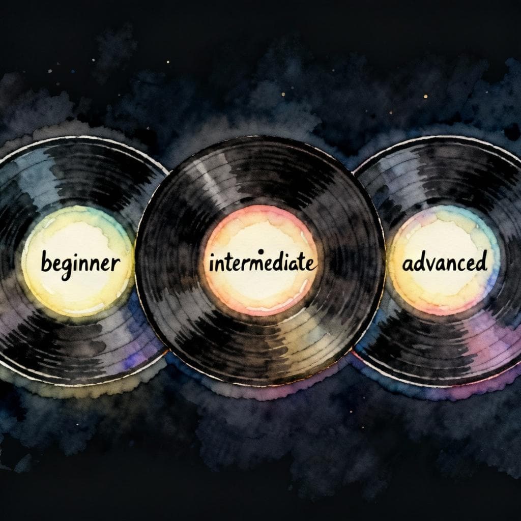 Charming ink and watercolor painting, dark background: three simple vinyl records arranged side‑by‑side, each glowing softly to suggest levels (beginner, intermediate, advanced); clean lines, vibrant but soft palette, storybook style