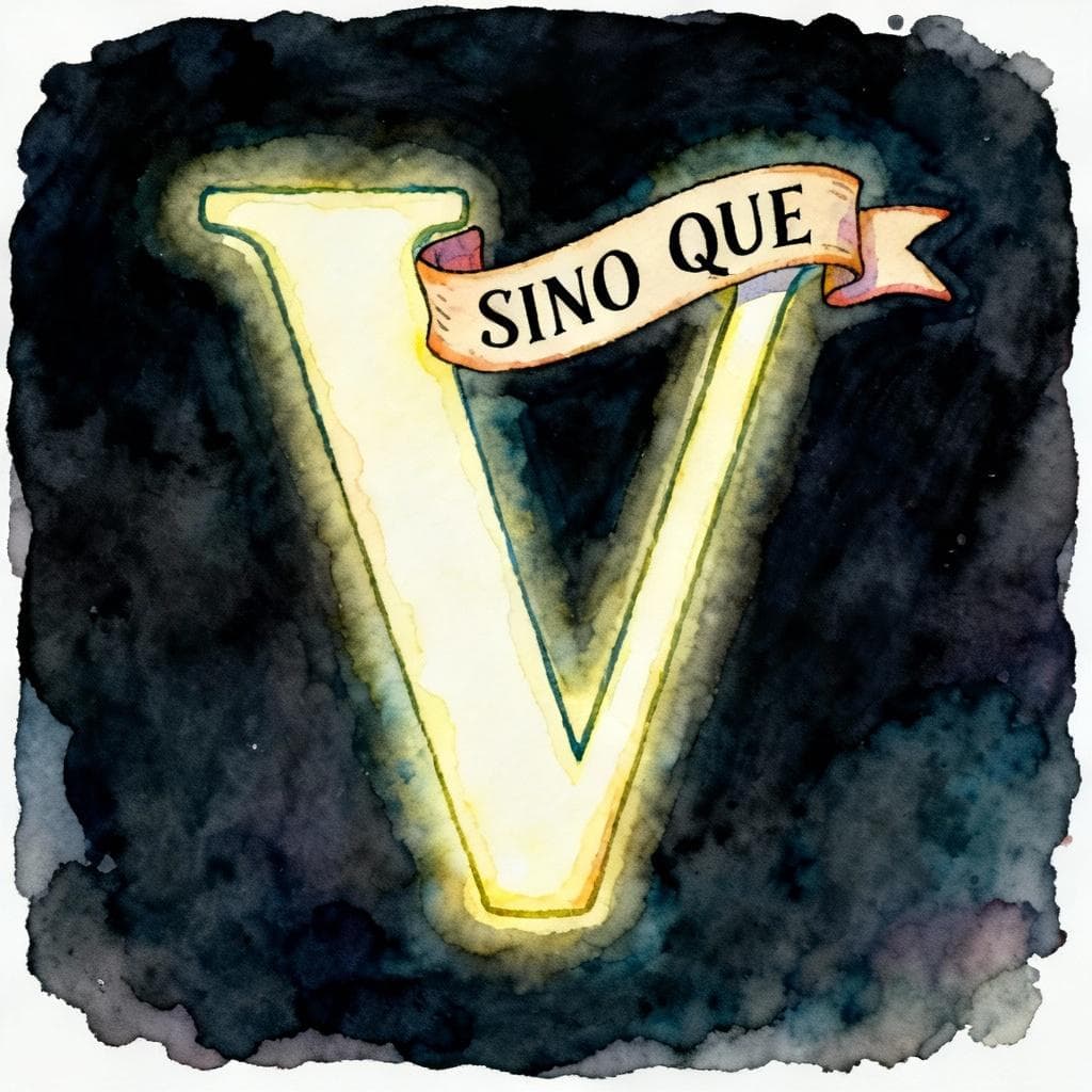 A charming ink and watercolor painting, clean lines, vibrant but soft color palette, storybook style, dark background. A large, stylized letter 'V' (for Verb) is prominently featured, glowing brightly. A small, stylized banner with the text 'SINO QUE' is draped over the top of the letter 'V'.