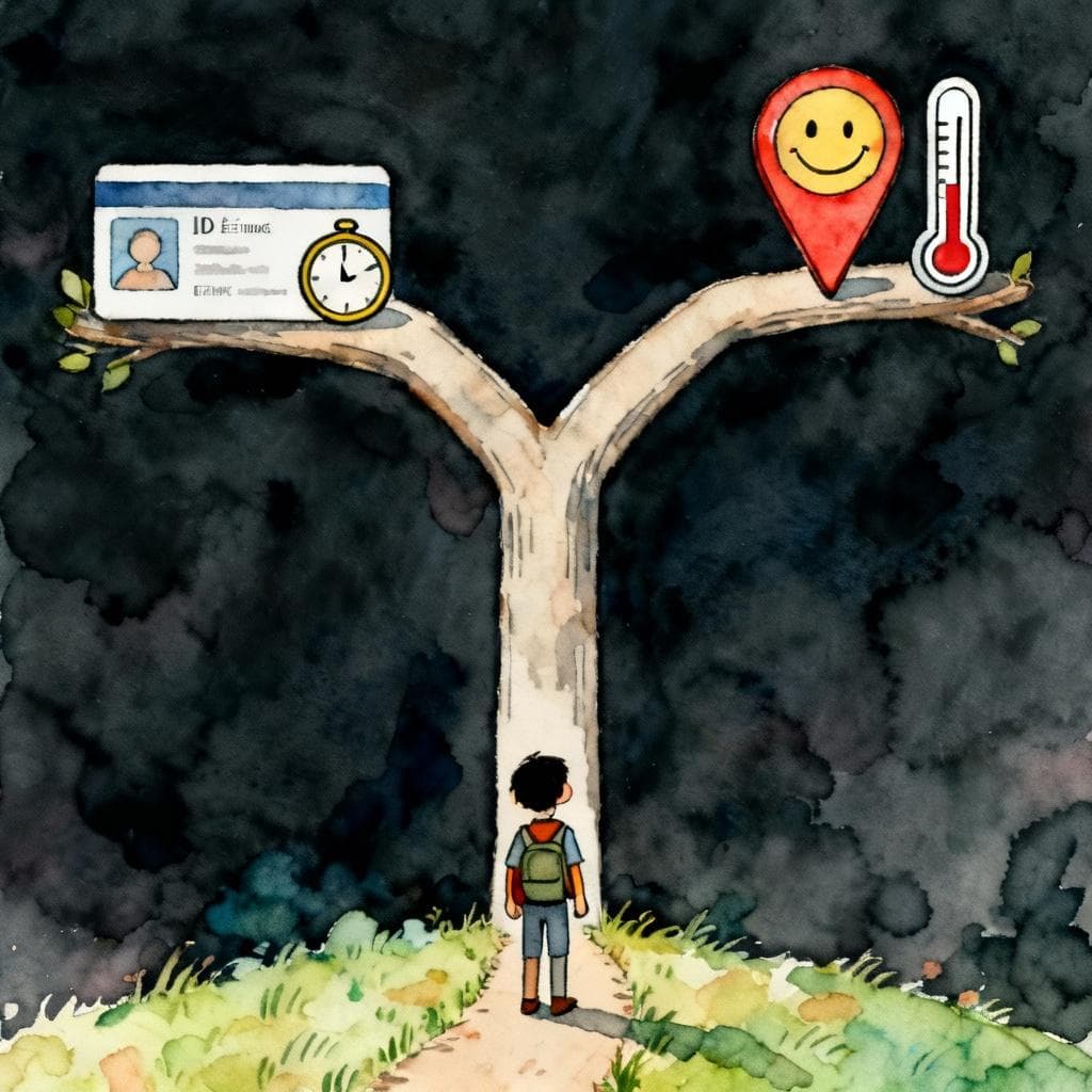 Charming ink and watercolor, clean lines, vibrant but soft colors, storybook style, dark background. A simple forked path: one side marked by an ID card and a clock icon (essence/time), the other by a map pin and a smiley/thermometer (location/temporary state). One friendly traveler considering the paths. Minimal elements, no text.