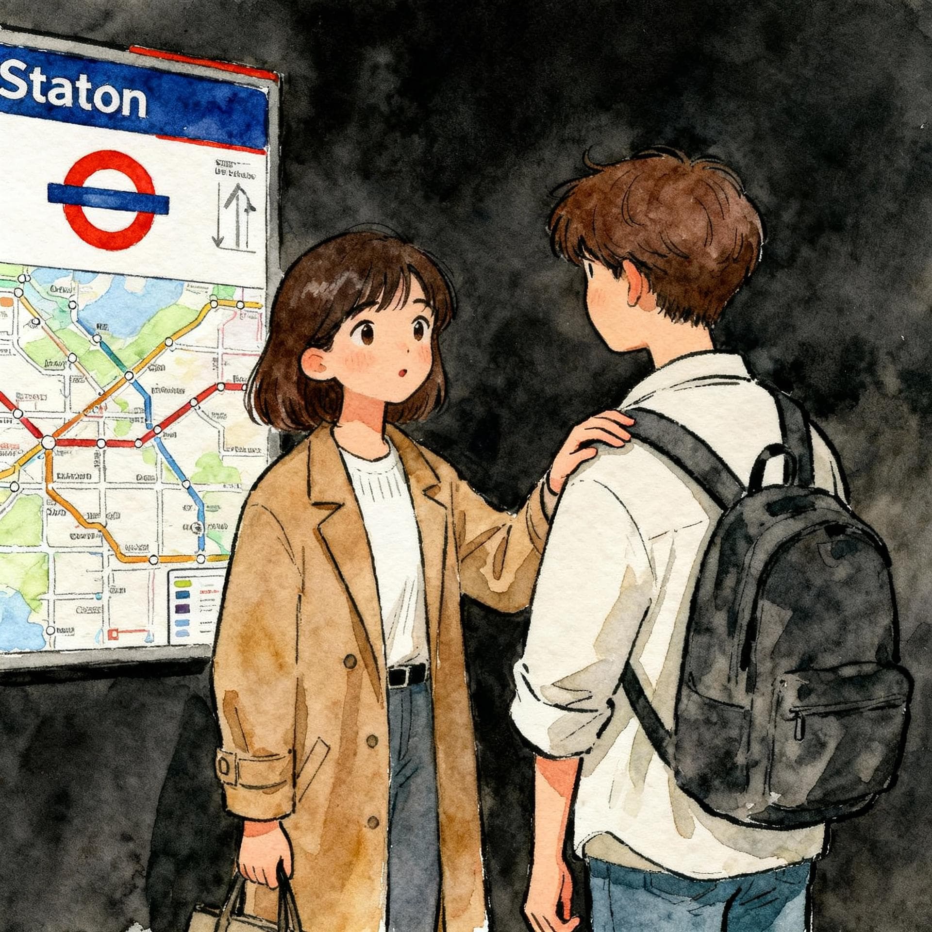 Charming ink and watercolor painting, clean lines, vibrant but soft color palette, storybook style, dark background. A person is standing politely next to a map in a subway station, tapping a stranger lightly on the shoulder to ask for directions. The stranger is turning to face them.