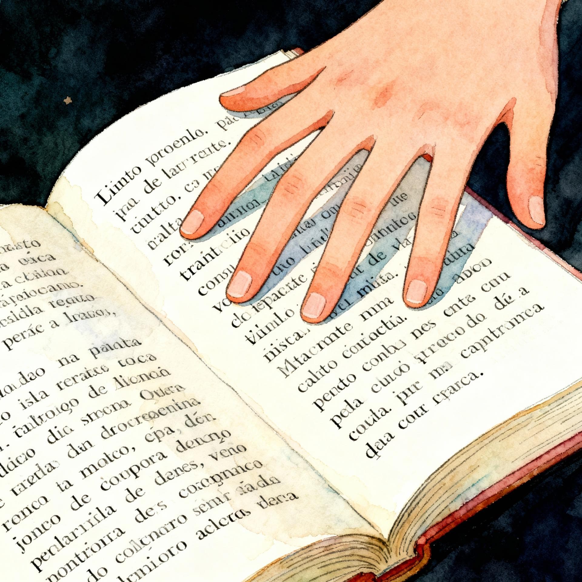 Charming ink and watercolor painting, clean lines, vibrant but soft color palette, storybook style, dark background. A hand with five fingers extended is placed over an open book written in Spanish. Four of the fingers are pointing to unknown words on the page, and the fifth finger is hovering over the fifth unknown word, indicating the limit.